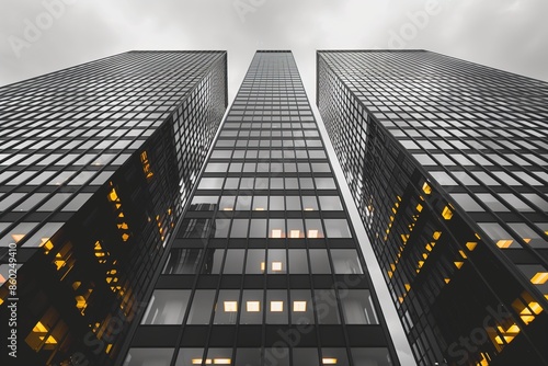 Tall modern skyscrapers with glass facades and glowing office lights against a cloudy sky, urban architecture
