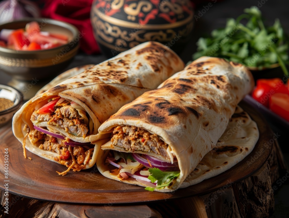 Savory Shawarma Wrap on Dark Background Generative AI Savory Shawarma Wrap on Dark Background Generative AI