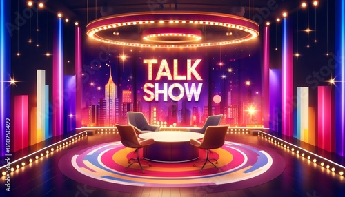 A stunning illustration of a talk show set featuring a central round table with chairs, surrounded by colorful vertical lights and a large illuminated ring overhead