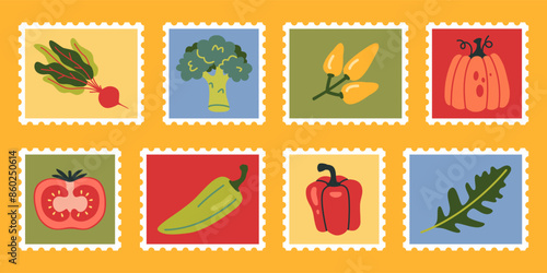Cute hand-drawn post stamps with vegetables like beets, broccoli, peppers, pumpkin, tomato and arugula. Funny bright stickers set. Trendy modern vector illustartions, flat design