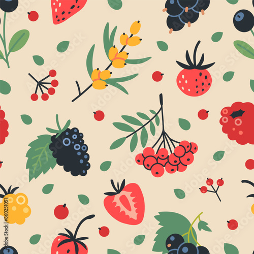 Seamless pattern berries like raspberry, strawberry, rowan, cloudberry, currant and blueberry. Trendy modern vector illustration on light background, hand drawn, flat design