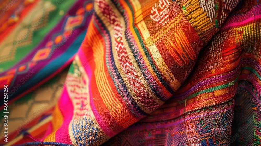 Close-up of vibrant, textured woven fabric with intricate patterns Close-up of vibrant, textured woven fabric with intricate patterns