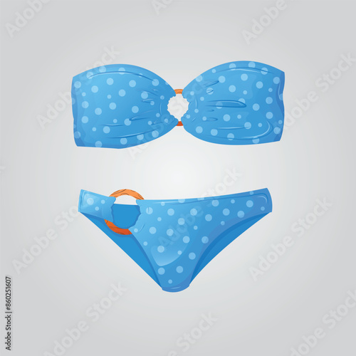 Female swimsuit for beach. Cartoon drawing of blue, swimming suit for women, clothes for vacation at sea. Summer, fashion, vacation concept. Vector illustration EPS 10 photo