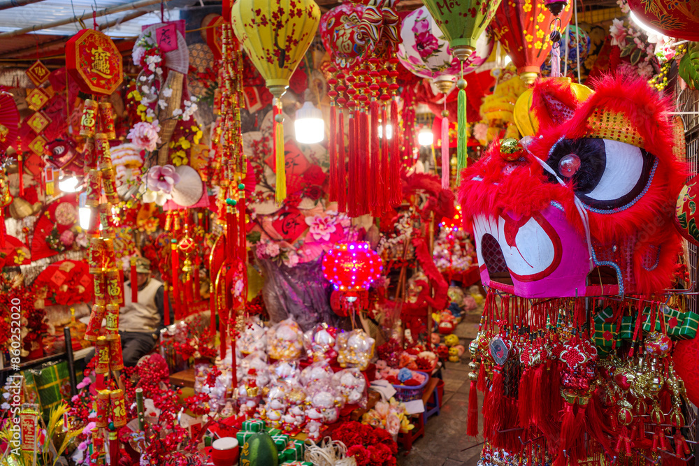 Hanoi, Vietnam - 7 Feb, 2024: Brightly colored Tet Lunar New Year decorations on sale in Hanoi street markets, Vietnam Hanoi, Vietnam - 7 Feb, 2024: Brightly colored Tet Lunar New Year decorations on sale in Hanoi street markets, Vietnam