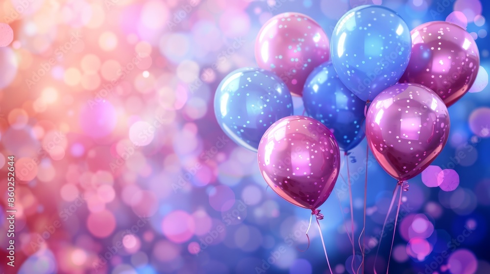 A festive setting with balloons and confetti in shades of blue, pink, and purple A festive setting with balloons and confetti in shades of blue, pink, and purple