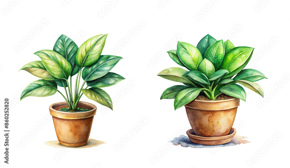 Obraz premium Watercolor illustration of various house plants in vibrant colors, adding a touch of nature to any space.
