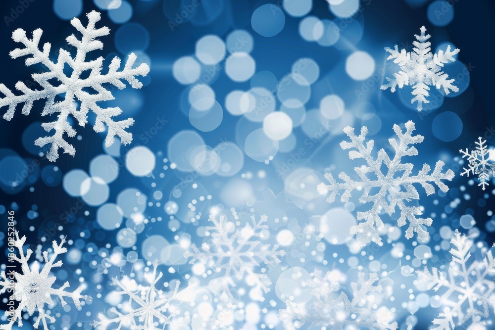 Beautiful white snowflakes on a blue background with bokeh effect Beautiful white snowflakes on a blue background with bokeh effect