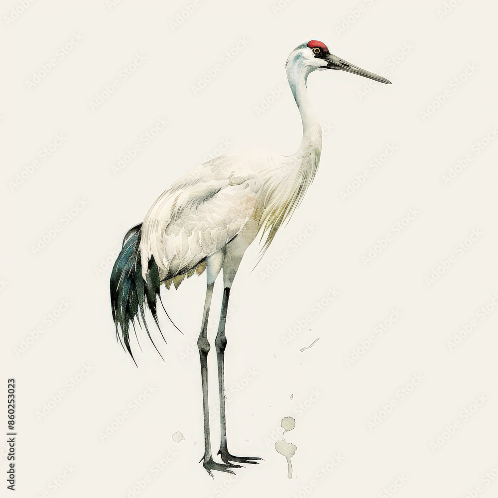 A majestic crane with long legs, depicted in rich watercolor hues, beautifully isolated on a pristine white background A majestic crane with long legs, depicted in rich watercolor hues, beautifully isolated on a pristine white background
