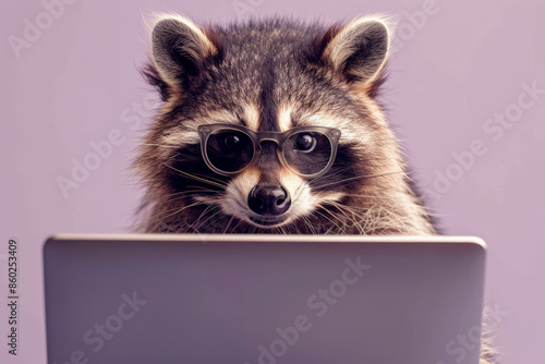 A raccoon sitting in front of a laptop, wearing glasses, with a plain lavender background. The raccoon's curious and mischievous expression adds a touch of humor and intrigue, making the scene both © AI_images