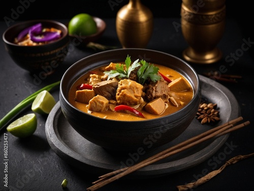 Authentic Thai Massaman Curry with Chicken, famous cuisine dish from Thailand, cinematic food photography