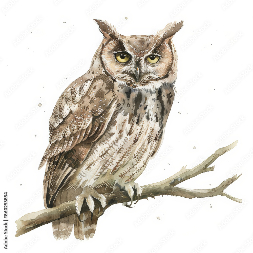 A wise owl perched on a branch, illustrated in muted watercolor tones, beautifully isolated on a pristine white background A wise owl perched on a branch, illustrated in muted watercolor tones, beautifully isolated on a pristine white background