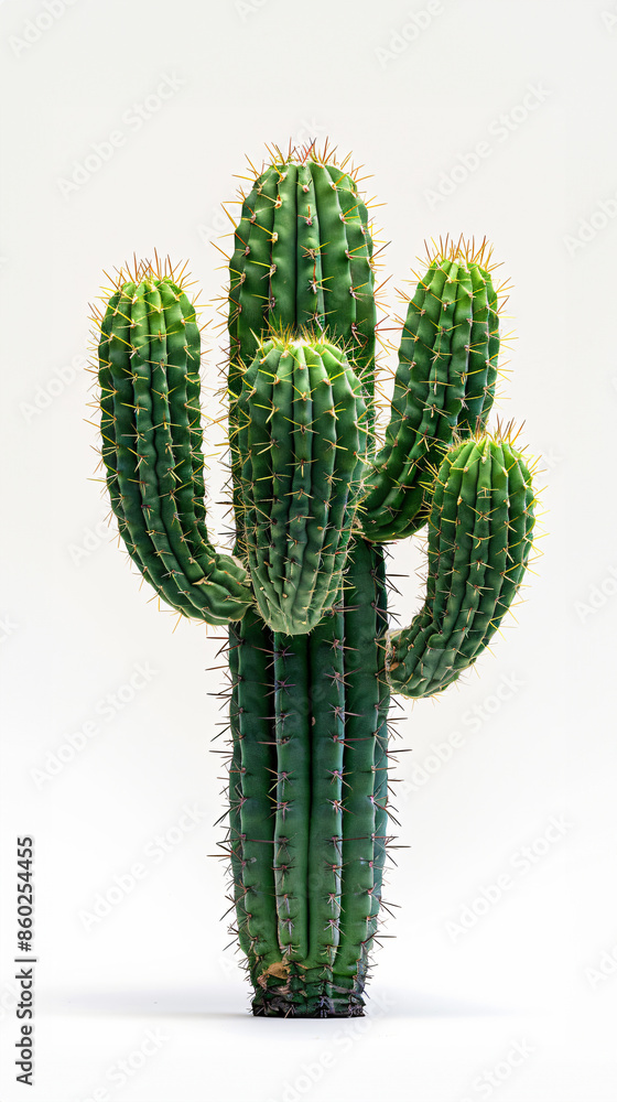Tall, columnar San Pedro cactus with ribbed structure and fine needles, standing solitary on bright white background Tall, columnar San Pedro cactus with ribbed structure and fine needles, standing solitary on bright white background