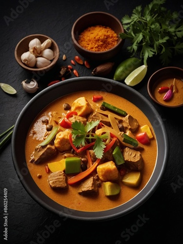 Authentic Thai Massaman Curry with Chicken, famous cuisine dish from Thailand, cinematic food photography