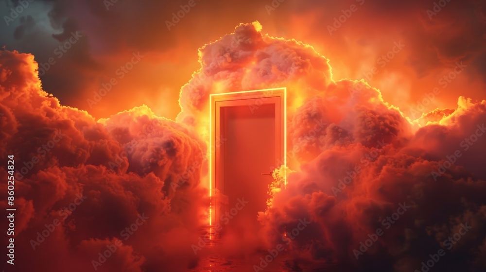 Obraz premium cloud storage with a door, surrounded by neon clouds in a warm orange hue