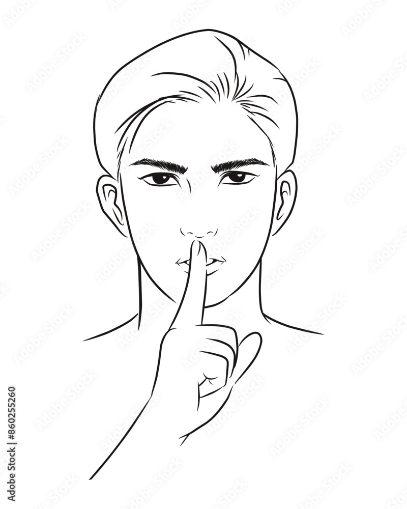 man making a quiet gesture. vector illustration isolated cartoon hand drawn. Line art.