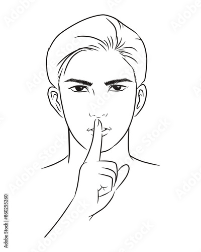 man making a quiet gesture. vector illustration isolated cartoon hand drawn. Line art.