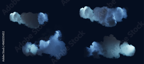 Realistic cumulus clouds on a transparent background. Texture of light steam clouds with a bluish tint for web design and illustrations.