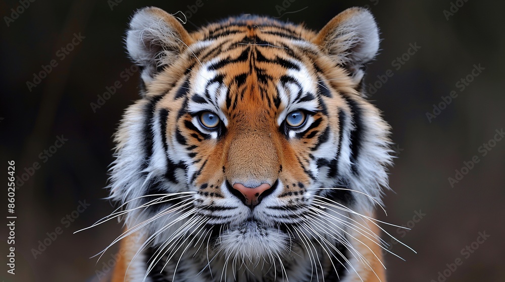 Naklejka premium Close-Up of Tiger with Intense Blue Eyes, Majestic and Fierce Gaze