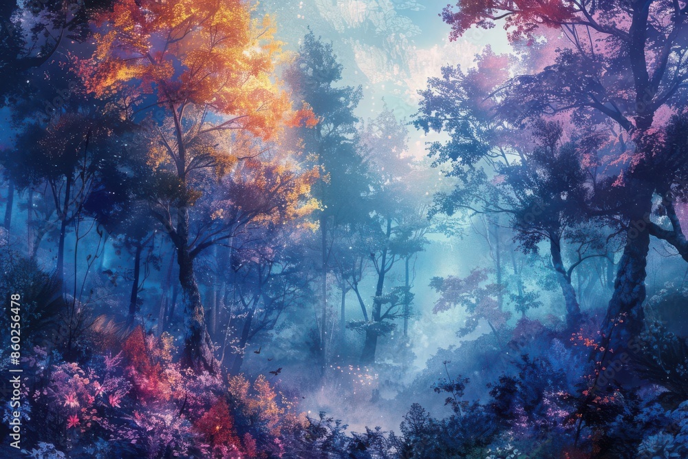 A panoramic view of an enchanted forest, with towering luminescent trees, colorful mystical flora, and wisps of ethereal mist, painted in vivid digital watercolor technique A panoramic view of an enchanted forest, with towering luminescent trees, colorful mystical flora, and wisps of ethereal mist, painted in vivid digital watercolor technique