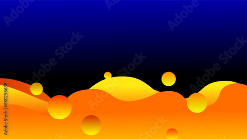 Cute orange glowing fluorescent wave pattern overlay layers with spheres over blue glowing background