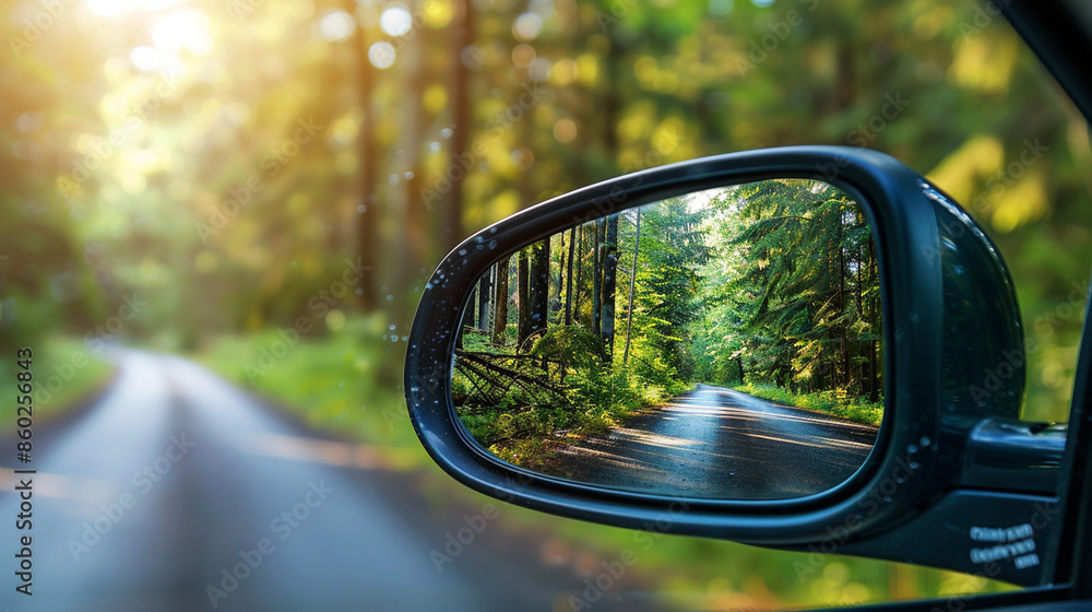 Close-up of a rearview mirror reflecting the road behind Close-up of a rearview mirror reflecting the road behind