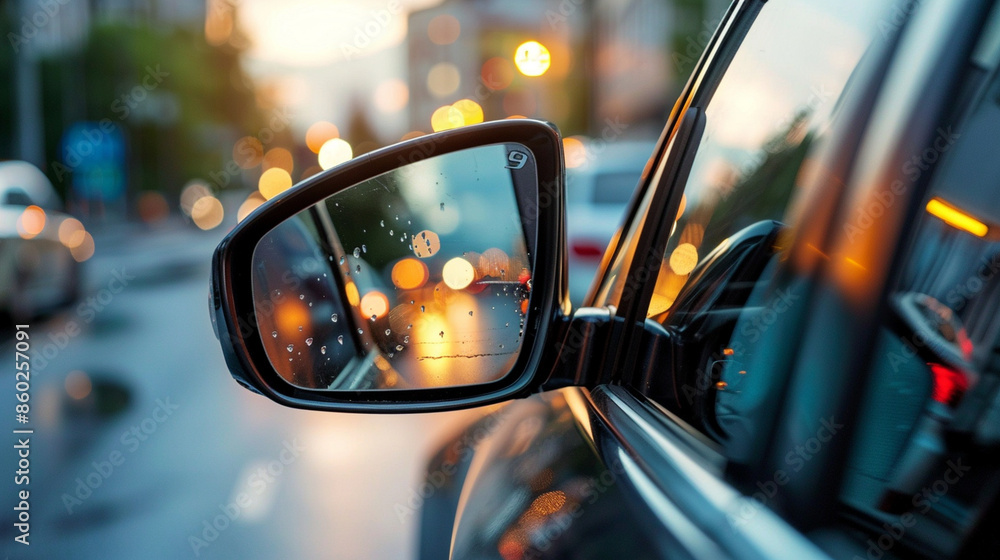 Close-up of a car's side mirror with the reflection of the street Close-up of a car's side mirror with the reflection of the street