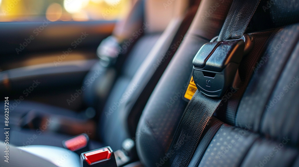Close-up of a childâs car seat buckled in the backseat Close-up of a childâs car seat buckled in the backseat