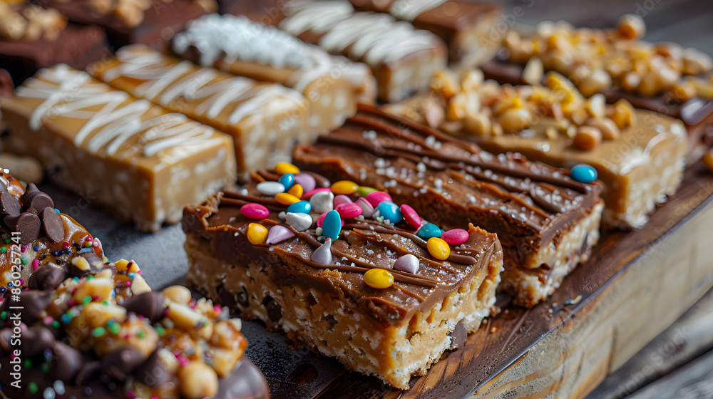 A vibrant platter of peanut butter bars with different toppings A vibrant platter of peanut butter bars with different toppings
