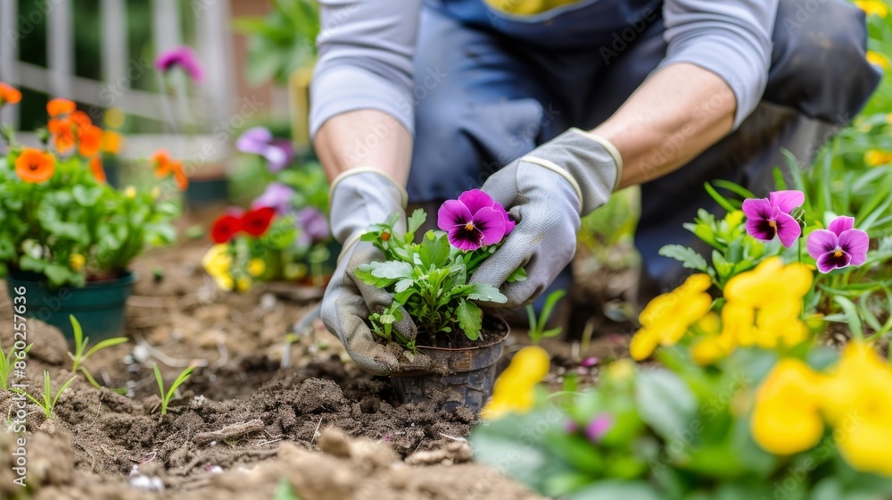 Gardener in overalls carefully plants colorful flowers in a sunny garden. Gardener in overalls carefully plants colorful flowers in a sunny garden.