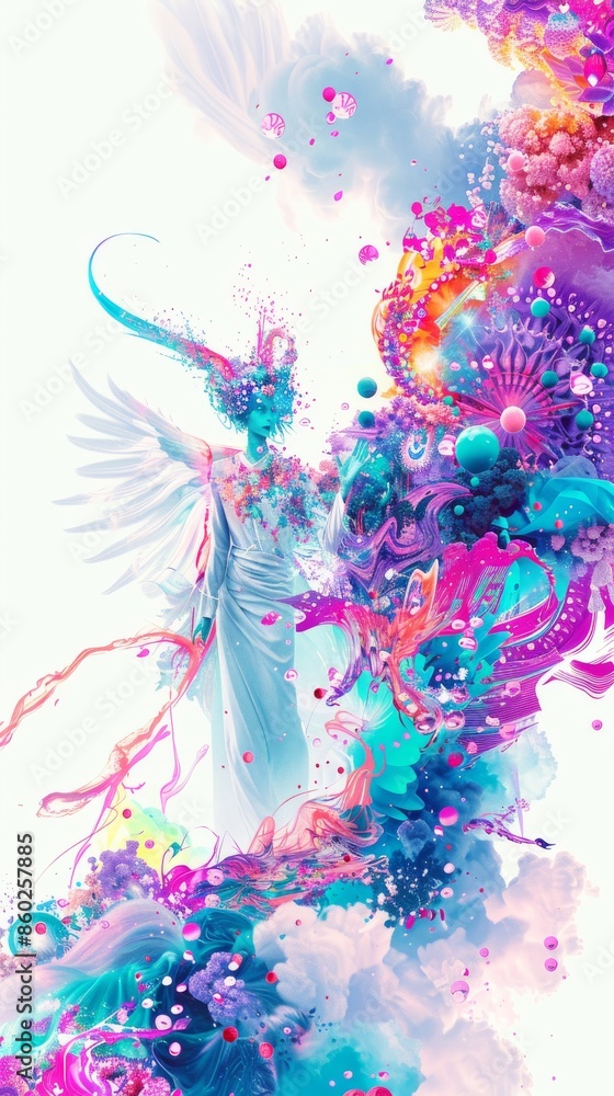Fototapeta premium Surreal Psychedelic Digital Illustration of an Angel with Vibrant Abstract Elements in Blue and Pink Tones