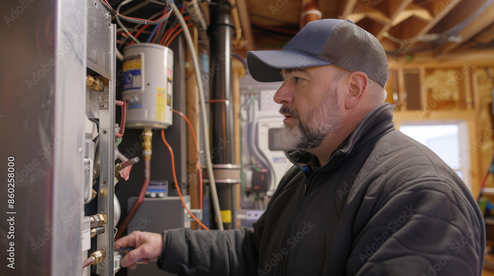 HVAC technician inspects heating system for winter prep HVAC technician inspects heating system for winter prep
