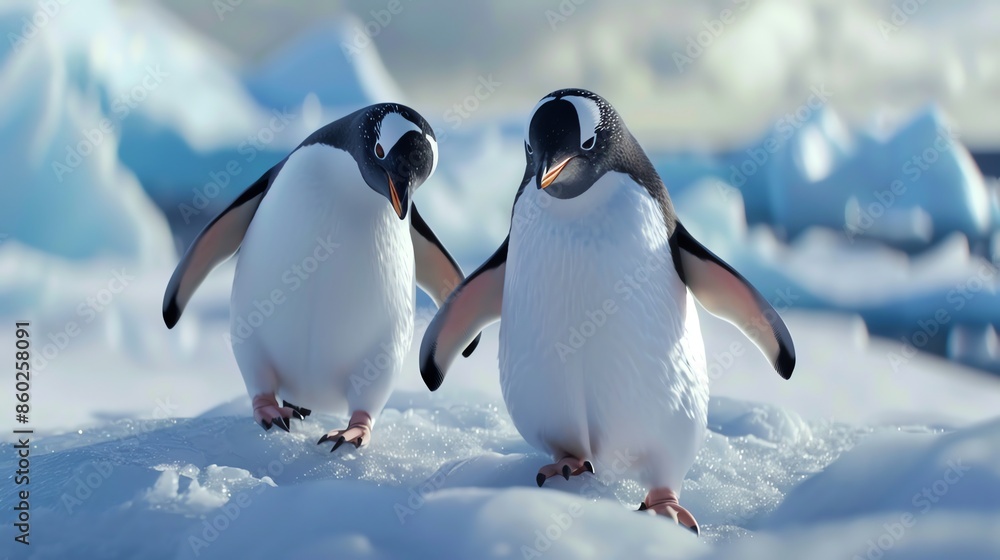 Obraz premium Two penguins walk on a snowy surface.