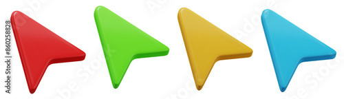 3d arrow cursor icon red, green, yellow and blue colors. Stock vector illustration on isolated background.