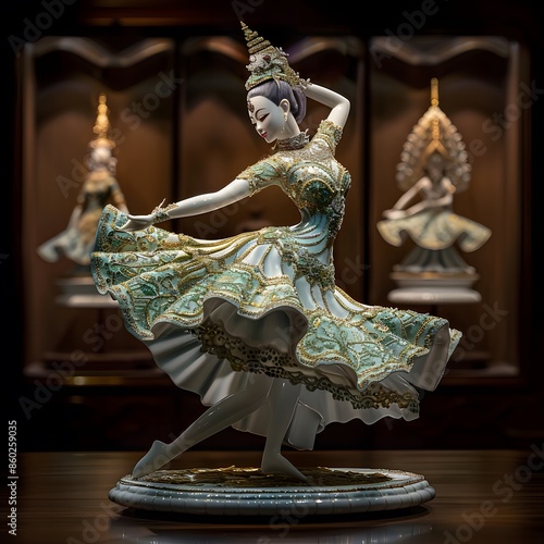 Asian beautiful porcelain statue with tradiional Thai dress, an alcove intricate patterns, ruffled layers and a flared skirt photo
