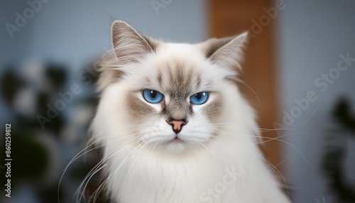 grumpy angry annoyed looking ragdoll cat with narrowed blue eyes