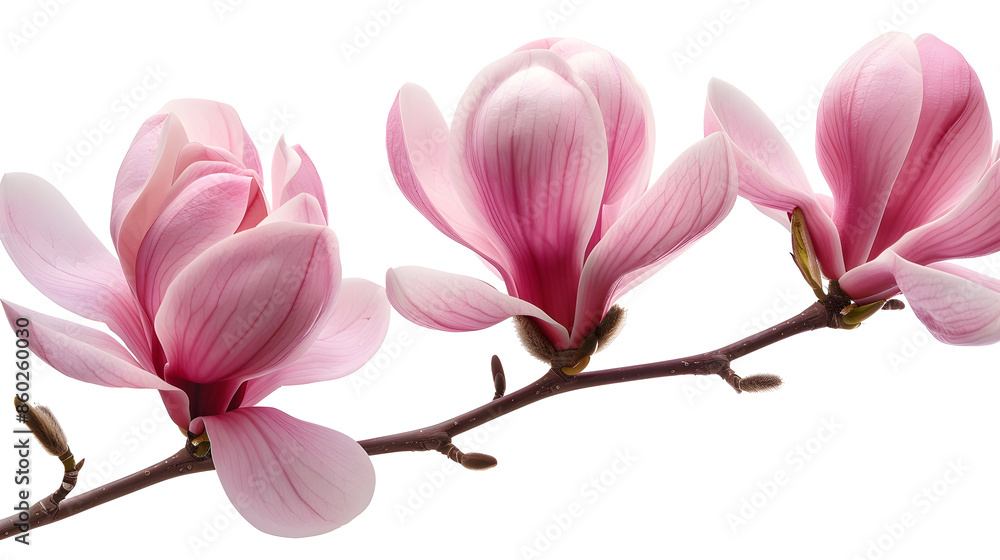 Beautiful pink spring magnolia flowers on a tree branch isolated on white : Generative AI Beautiful pink spring magnolia flowers on a tree branch isolated on white : Generative AI