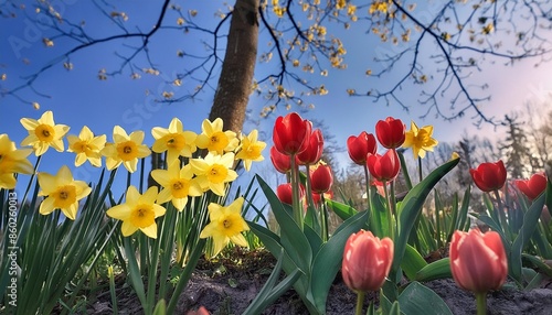 blossoming red tulips and yellow dafodills photo