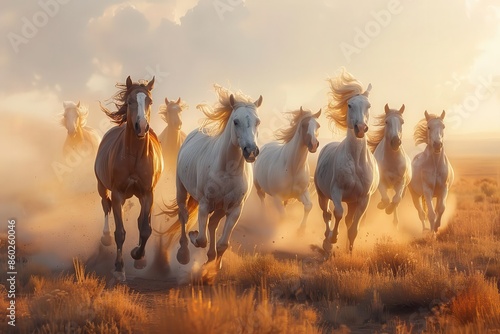 A minimalist panoramic view of wild horses galloping through a serene desert landscape