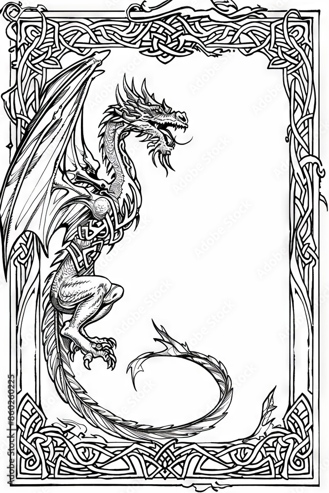 Black And White Dragon With Celtic Knot Border Illustration