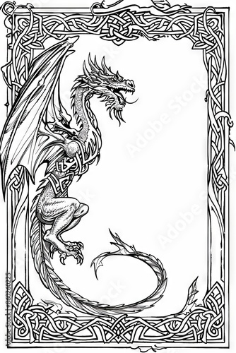 Obraz na płótnie Black And White Dragon With Celtic Knot Border Illustration w salonie