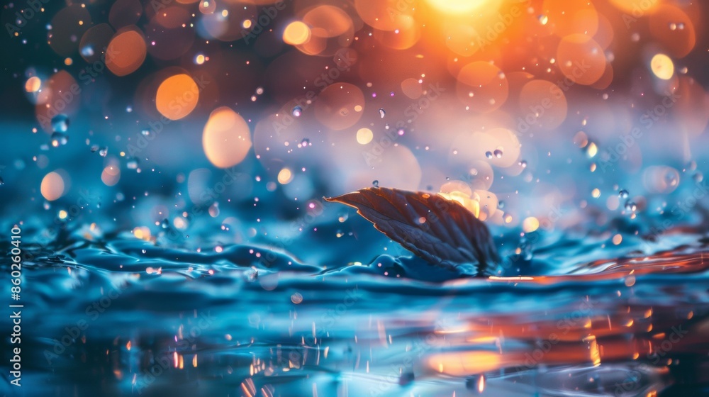 Leaf Floating in Water with Bokeh Lights Leaf Floating in Water with Bokeh Lights