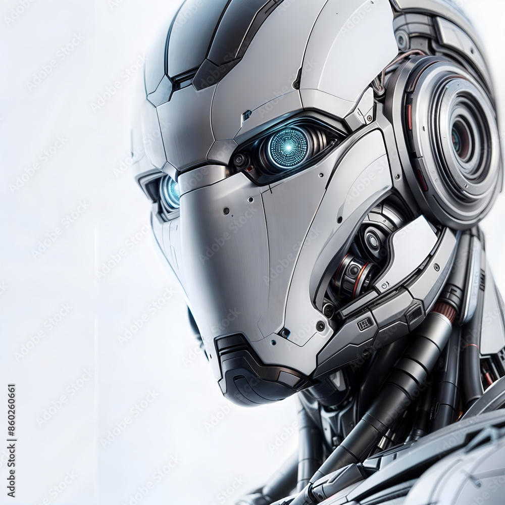 3D rendering of a close-up portrait of a futuristic robot's head with glowing blue eyes 3D rendering of a close-up portrait of a futuristic robot's head with glowing blue eyes
