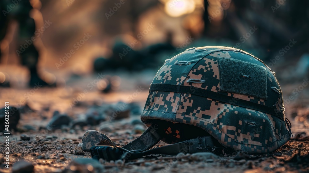 Fototapeta premium Camouflaged Military Helmet Abandoned on Dusty Ground at Sunset
