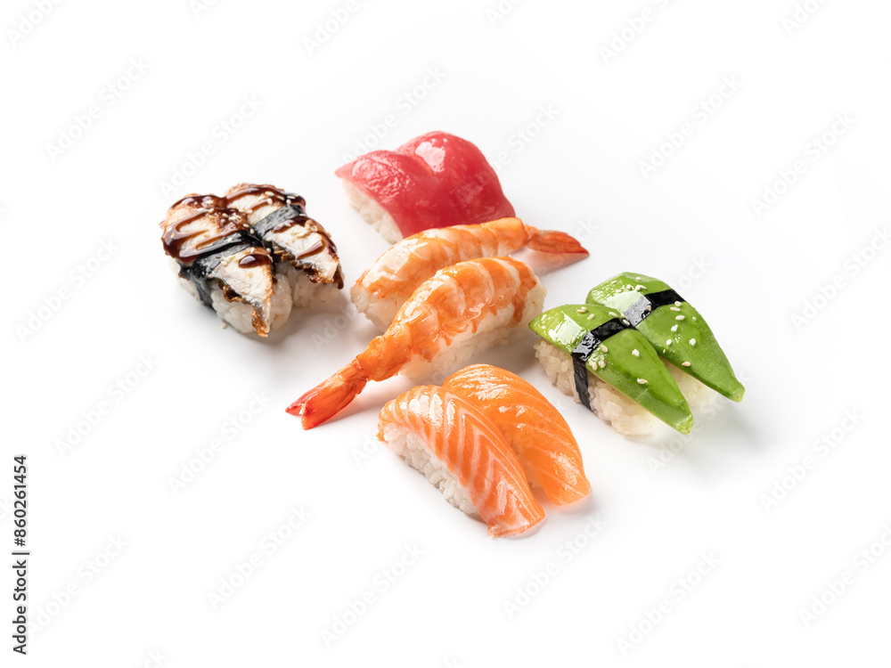 Japanese sushi set on a white background Japanese sushi set on a white background