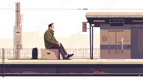 Man sitting on railway platform. flat vector style 