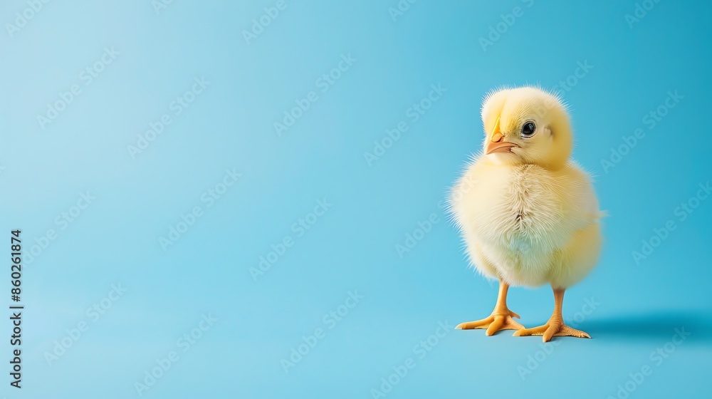 A fluffy yellow chick standing on a blue background. A fluffy yellow chick standing on a blue background.