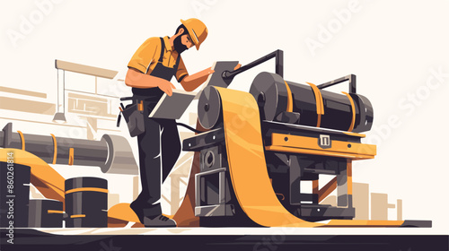 Man working on steel-rolling mill. flat vector style