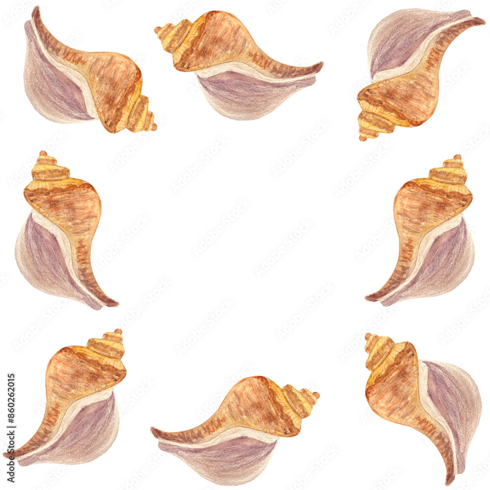 Fototapeta premium Shell frame in watercolor hand-drawn isolated on white. High quality illustration for notebooks, cards, posters, restaurant menu, souvenirs, stickers, tourism ads, dishes, room design and decor