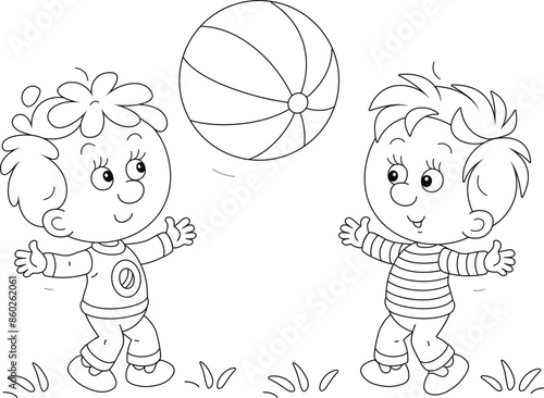 Funny little boys merrily playing a big striped ball on a playground in a park, black and white vector cartoon illustration for a coloring book