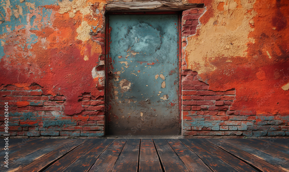 Wooden Floor Against Red and Blue Wall Wooden Floor Against Red and Blue Wall